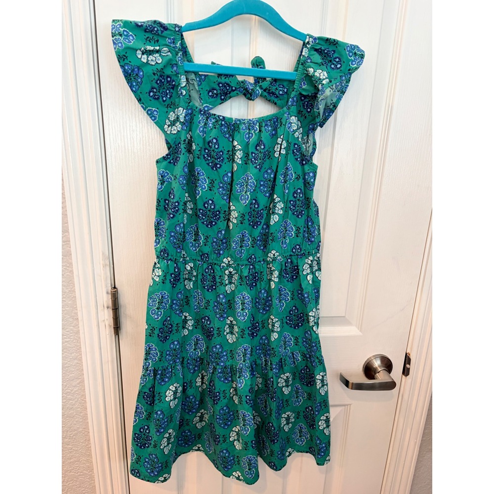 Crewcuts Dress Green Blue Floral Flutter Sleeve Tie Back Tiered Summer Girl 12